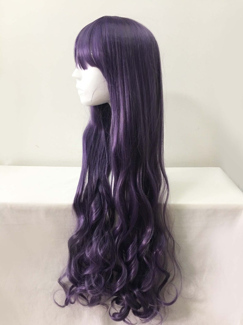 Women Purple Extra Long Curly Wavy Bob Bangs Anime Cosplay Wig Free CAp image 3