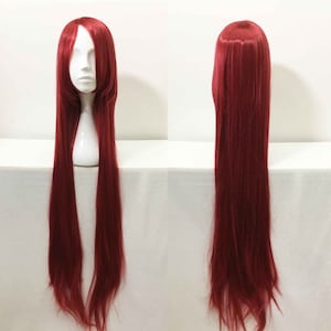 Women Red Extra Long Straight Layer Side Swept Bangs Cosplay Anime Wig Free Cap