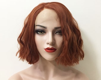 Women Lace Front Auburn Brown Short Bob Curly Side Part Wig 8 inches