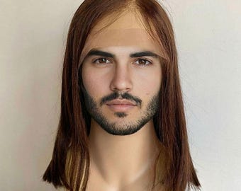 Men Dark Brown Human Hair Wig Male 13X6 Lace Front Wigs Long Straight Cosplay