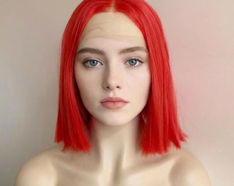 Women Lace Front Wig Bright Red Straight Short Bob Blunt Cut Cosplay Wigs