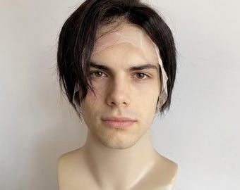 Men Black Human Hair Wig Lace Front Long Curtain Bangs Short Straight Realistic Hairline