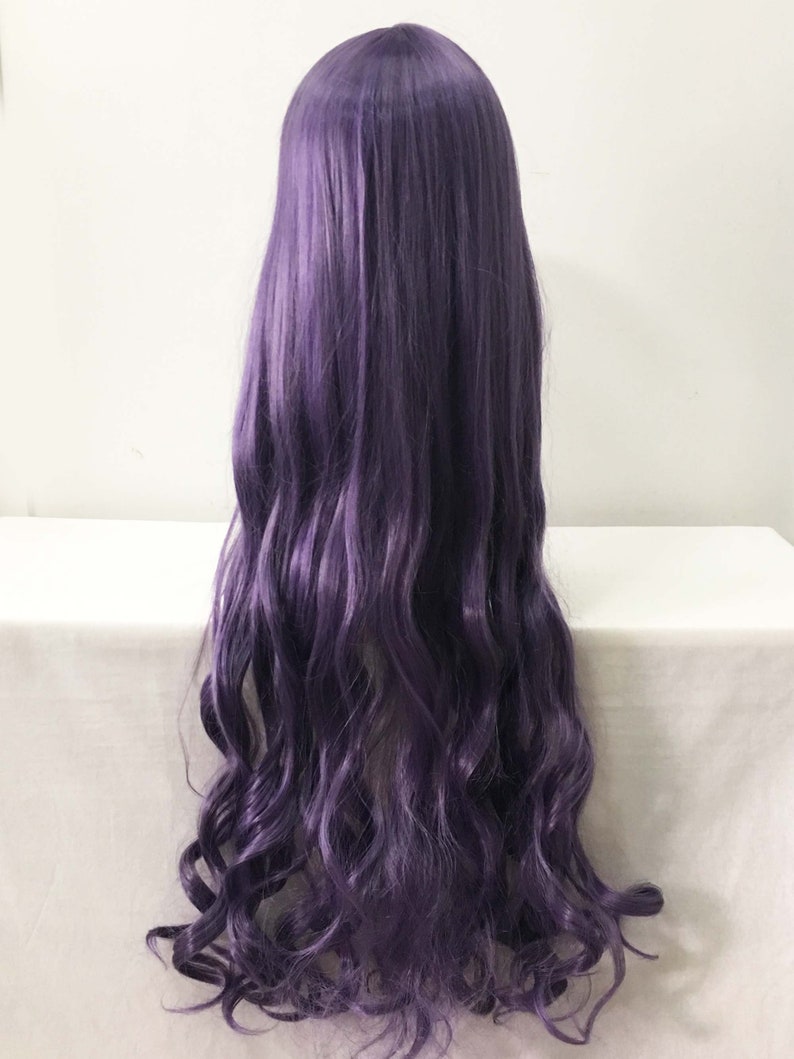 Women Purple Extra Long Curly Wavy Bob Bangs Anime Cosplay Wig Free CAp image 7