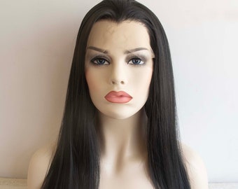 Women Black Lace Front Long Straight Widows Peak Hairline Slicked Hair Realistic Goth Wig 22 Inches