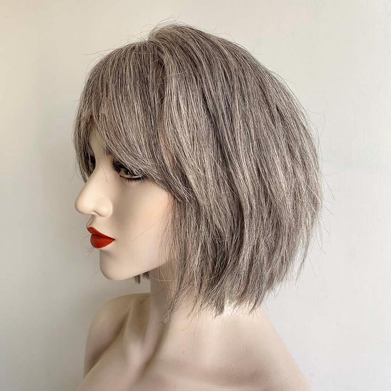 Grey Human Hair Wigs For Women Lace Front Wig With Bangs Gray Silver Salt And Pepper Wig Short Bob Slight Wavy Chemo Alopecia Wig
