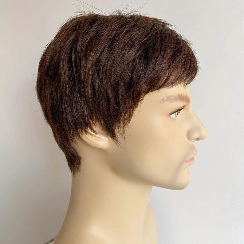 Men Dark Brown Wig Real Human Hair Wig With Flat Bangs Wig Natural Looking Short Straight Hair Male Alopecia Wig Cosplay Costume Wig