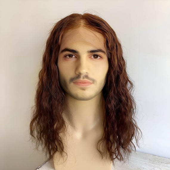 Men Human Hair Wig Dark Brown Lace Front Wig For Male Curly Long Real Hair Wig Middle Part Cosplay Wig Thick Realistic 13X6 Lace Wig 14 In