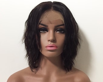 Women Lace Front Brazilian Human Hair Natural Black Short Wavy Middle Part Wig 10 inches