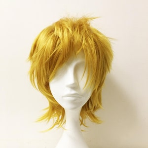 Men Yellow Gold Fringe Layers Mullet Short Hair Cosplay Anime Wig