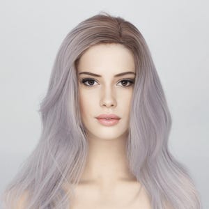 Women Silver Gray Wig Dark Root Ombre Long Straight Hair Wig Glueless Natural Curls Side Part Wig 16 Inches