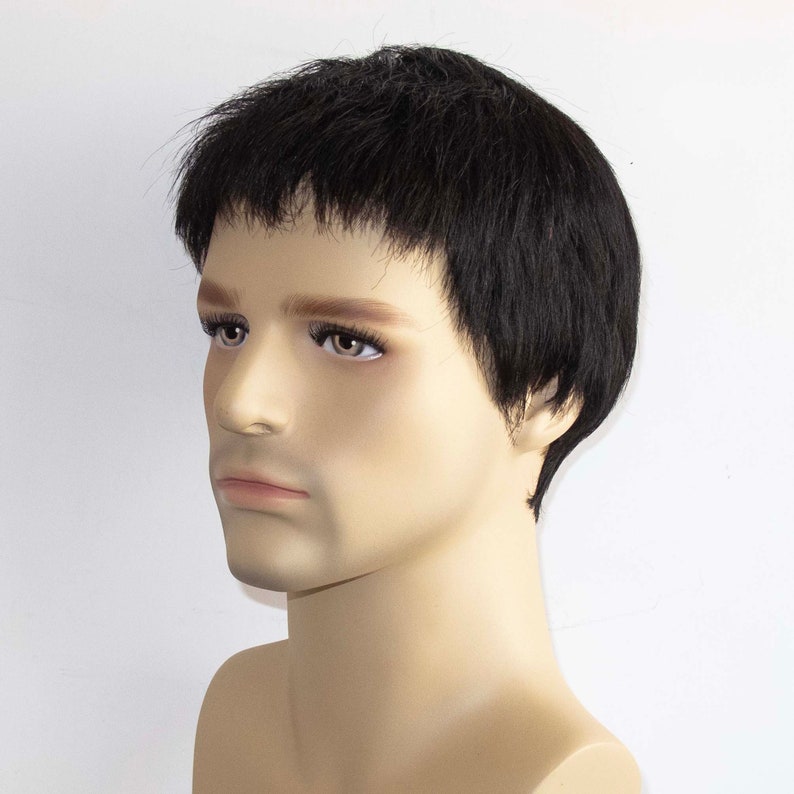 Men Black Real Human Hair Very Short Straight Flat Very Short Fringe Bangs Wig