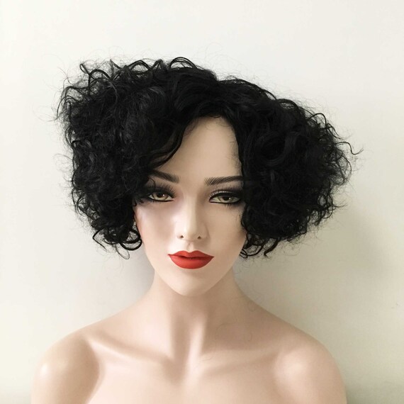 Women Black Asymmetric Messy Curly Short Hair Side Part Bouncy Etsy