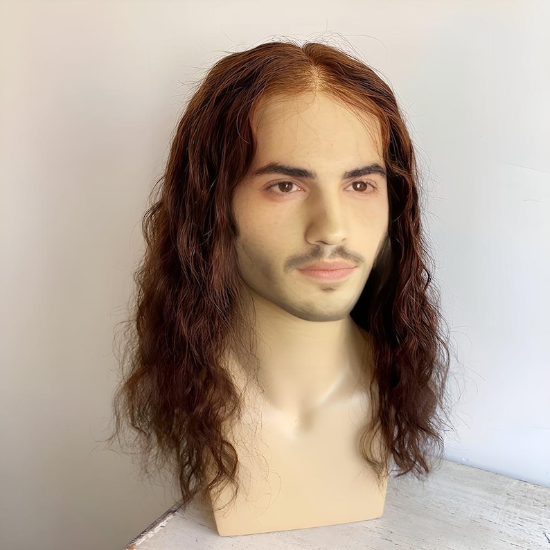 Men Human Hair Wig Dark Brown Lace Front Wig For Male Curly Long Real Hair Wig Middle Part Cosplay Wig Thick Realistic 13X6 Lace Wig 14 In