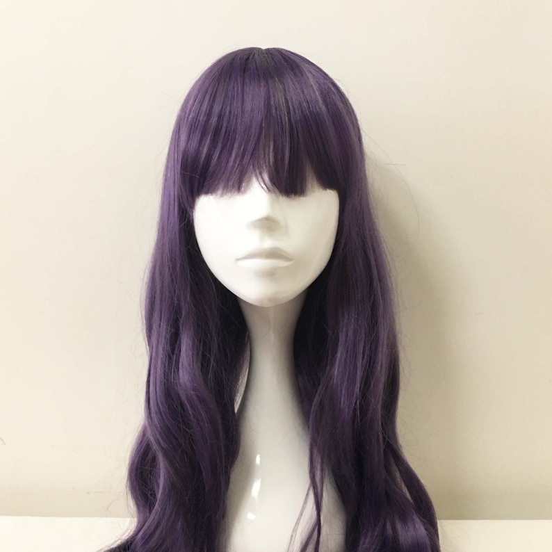 Women Purple Extra Long Curly Wavy Bob Bangs Anime Cosplay Wig Free CAp image 4
