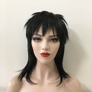 Women Unisex Black Punk Mullet Style Fringe Bangs Layered Straight Medium Length Hair Wig