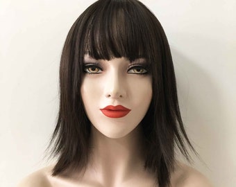 Women Natural Black Fringe Bangs Straight Hair Layered Choppy End Short Medium Length Synthetic Wig