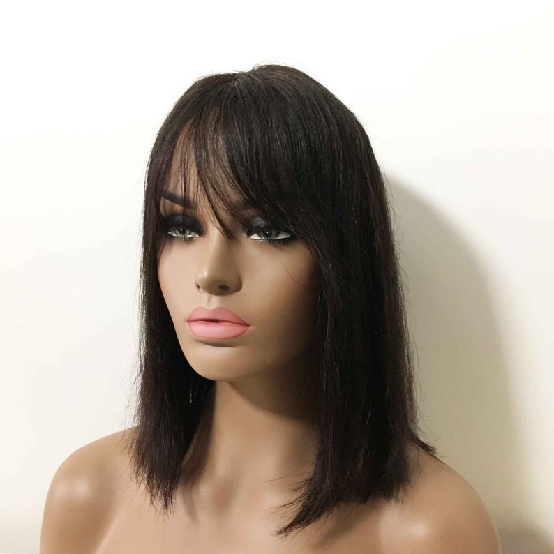 Women black real human hair shoulder length straight bob wig