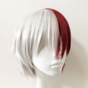 Men Short Anime Cosplay Boy Half Red Half White Two Tone Colors Hair ...