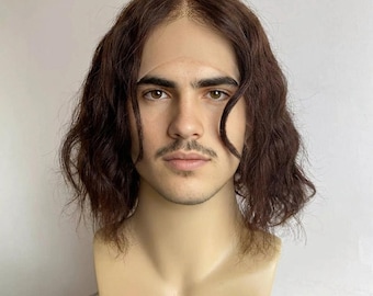 Men Human Hair Wig Dark Brown Lace Front Short Bob Wavy Curly Cosplay Performance