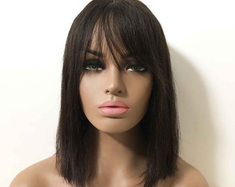 Women Real Human Hair Wig Natural Black Thin Fringe Bangs Wig Shoulder Length Straight Hair Wigs 12 Inches
