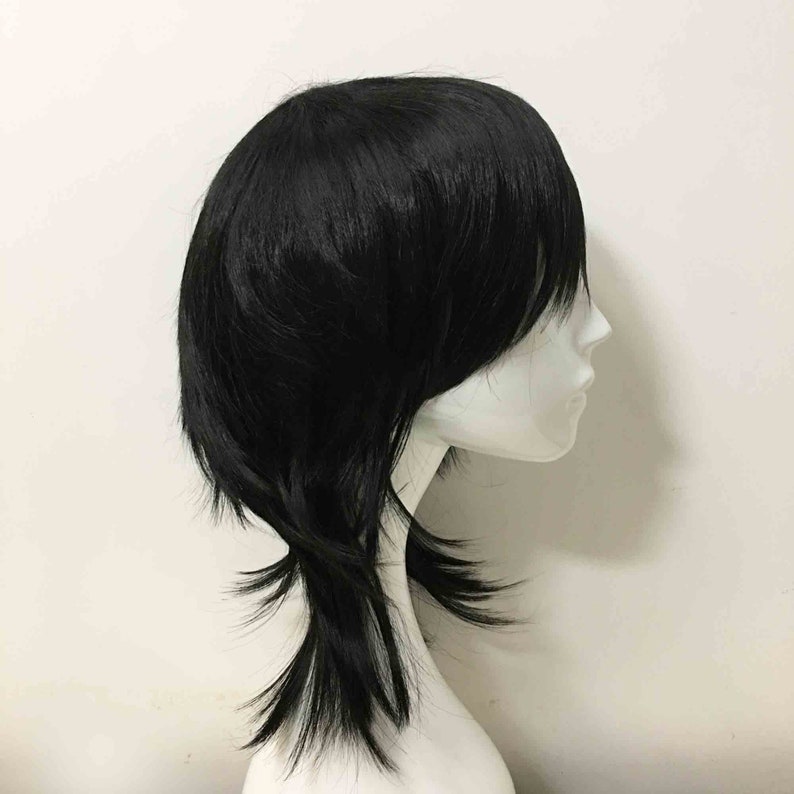 Unisex Black Mullet Layered Fringe Bangs Medium Length image 3