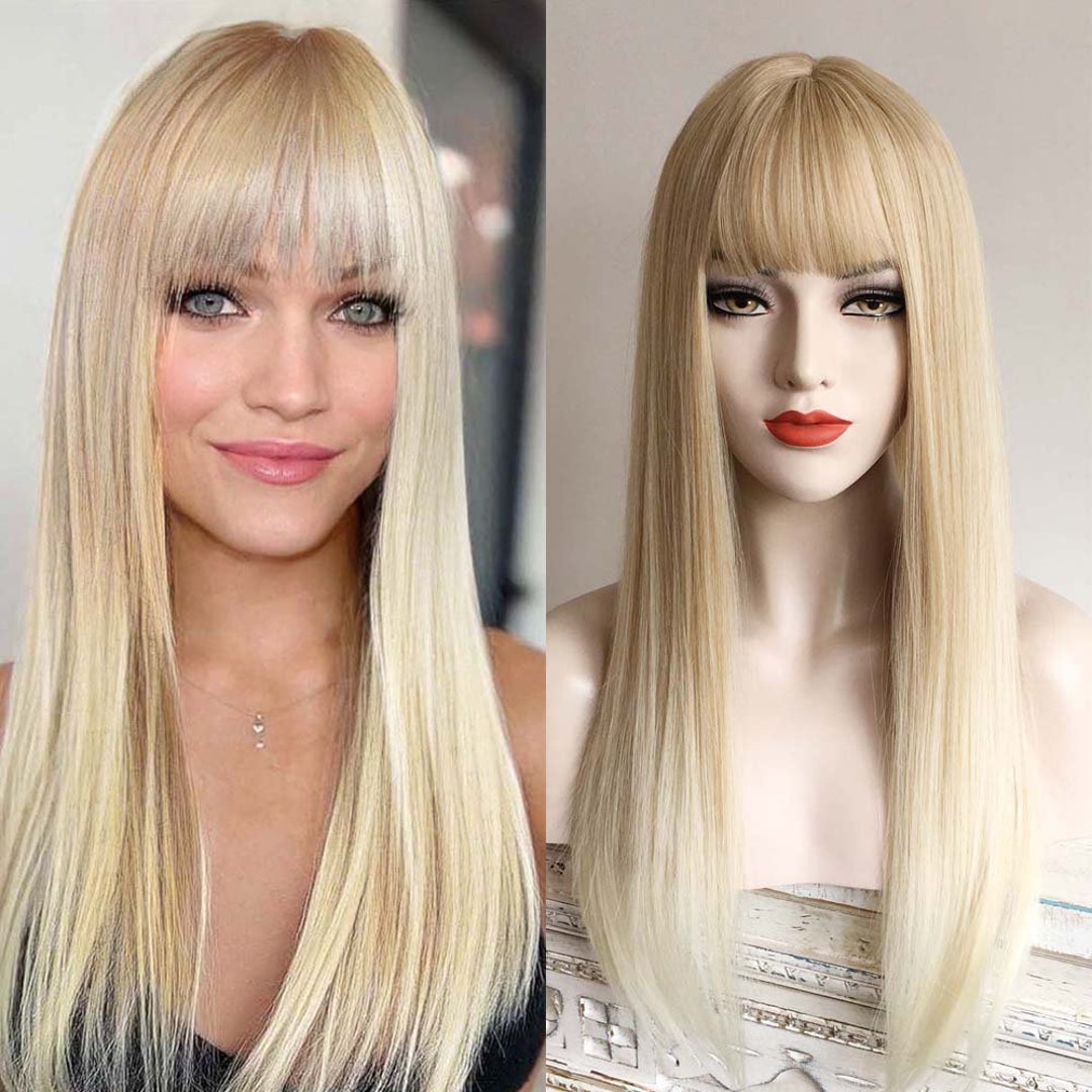 Blonde Ombre Long Straight Wig With Fringe Bangs Top Skin 4 Colours for — free download