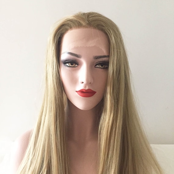 Women Lace Front Gold Blonde Slicked Long Straight Hair Etsy