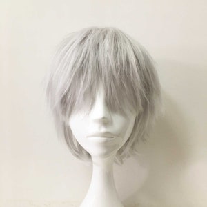 Unisex Silver White Layers Short Hair Long Bangs Boy Cosplay Anime Wig Free Cap