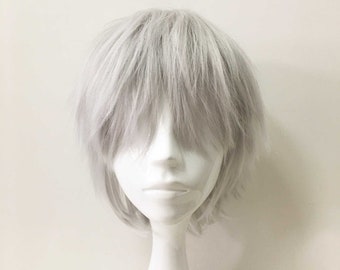 Unisex Silver White Layers Short Hair Long Bangs Boy Cosplay Anime Wig Free Cap