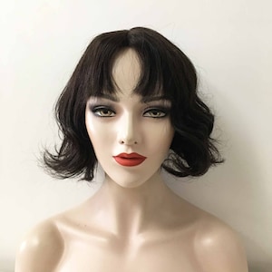 Women Natural Black Real Human Hair Natural Short Curly Bob Fringe Bangs Wig 8 inches