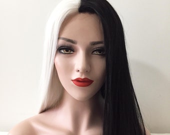 Women Lace Front Black White Two Tone Middle Part Long Straight Hair Cosplay Party Wig 22inches