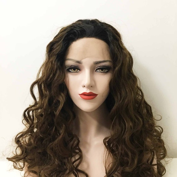 Women Lace Front Ombre Black Root Dark Brown Free Part Big Wave Curly Thick Long Hair Wig 24inches