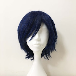 Unisex Dark Navy Long Side Swept Bangs Fringe Short Straight Cosplay Wig