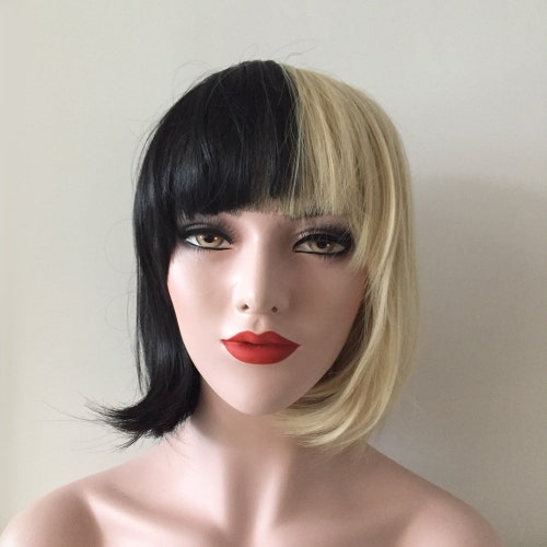 Women Bob Half Black Half Blonde Two Tone Straight Short Hair Costume Wig Free Cap