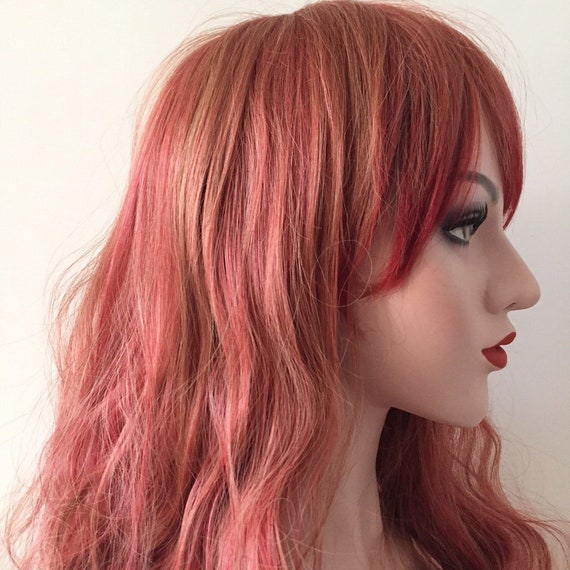 Women Ombre Red Orange Long Wavy Curly Hair Bangs Lolita Etsy