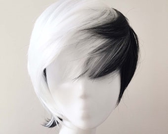 Black White Mixed Two-Tone Side Swept Bangs Short Hair Cosplay Anime Wig