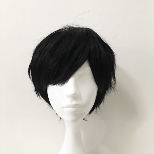 Men Cosplay Anime Black Fringe Bangs Short Hair Layered Wig Free Cap