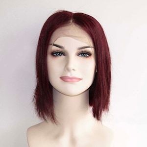 Dark Red Human Hair Wig For Women Lace Front Wig Female Short Bob Straight Hair Wig Middle Part 10 Inches