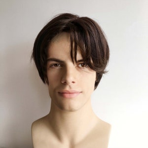 Men Dark Brown Real Human Hair Short Straight Side Part Curtain Bangs Wig