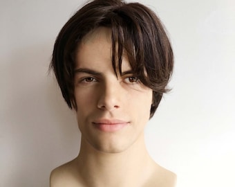 Men Dark Brown Real Human Hair Short Straight Side Part Curtain Bangs Wig