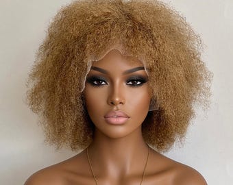 Honey Blonde Brown Human Hair Wig Lace Front | Kinky Curly Afro Short Black Women