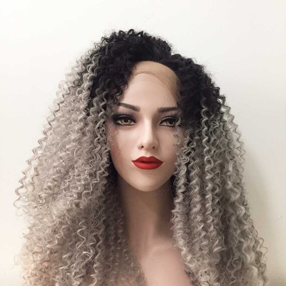 Women Lace Front Ombre Black Root Gray Bouncy Kinky Curly Etsy