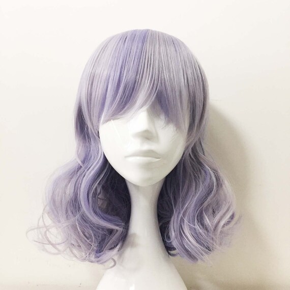 Girl Ombre Purple Gray Fringe Bangs Curly Hair Medium Length Cosplay Anime Lolita Wig
