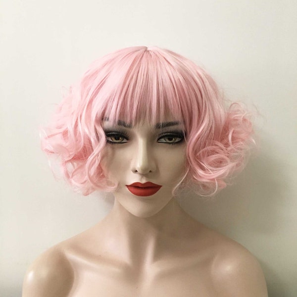 Women Classic Retro 80's Pink Curly Wavy Short Fringe Bangs Hair Wig Free Cap