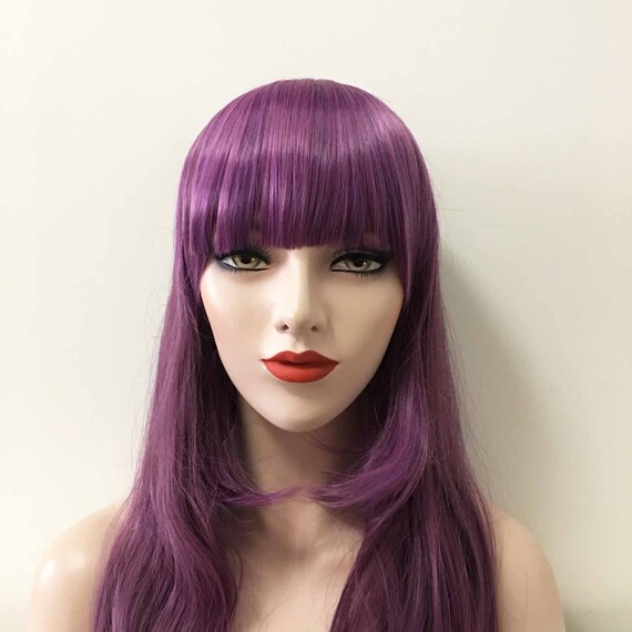 Women Dusty Purple Bob Bangs Short Layers Long Wavy Hair Etsy