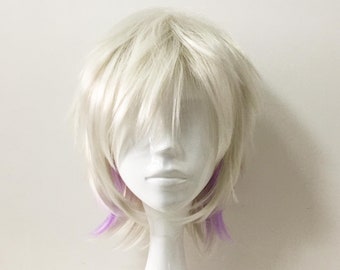 Unisex Silver White Purple Highlight Layered Fringe Long Bangs Short Hair Cosplay Wig