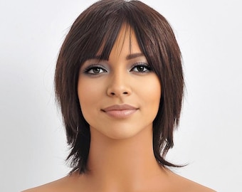 Parrucca di capelli umani castano scuro per donne, parrucca corta con frangia, parrucca di capelli veri lisci con strati, taglio irregolare, parrucca chemio naturale da 8 pollici