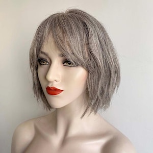 Grey Human Hair Wigs For Women Lace Front Wig With Bangs Gray Silver Salt And Pepper Wig Short Bob Slight Wavy Chemo Alopecia Wig