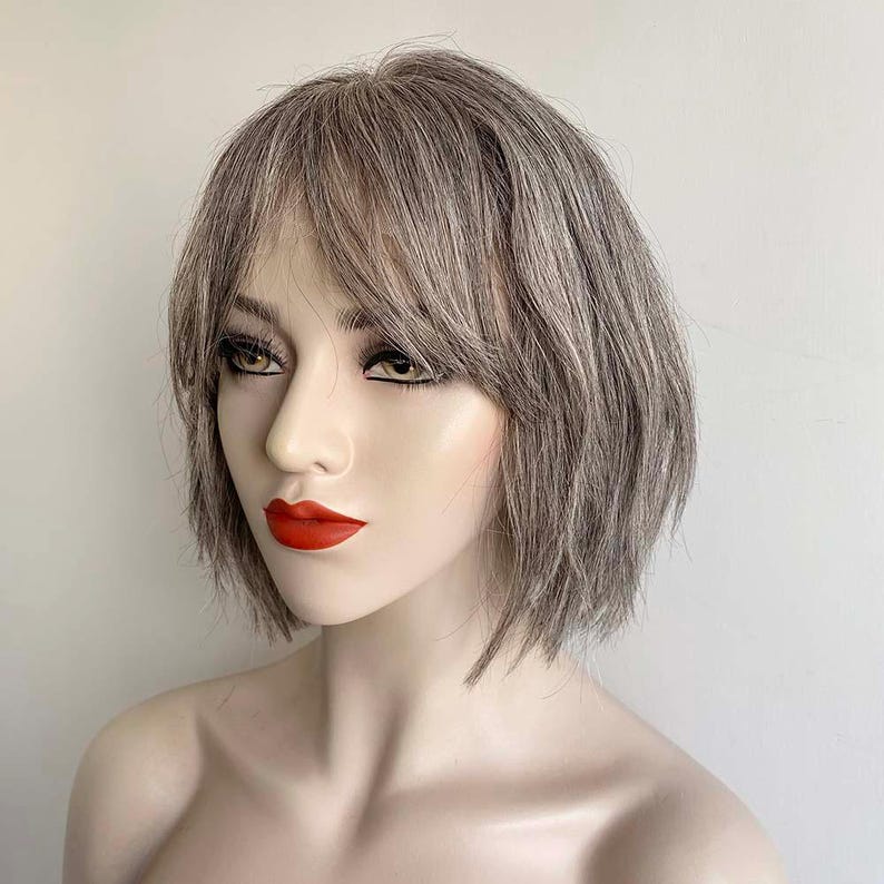 Grey Human Hair Wigs For Women Lace Front Wig With Bangs Gray Silver Salt And Pepper Wig Short Bob Slight Wavy Chemo Alopecia Wig