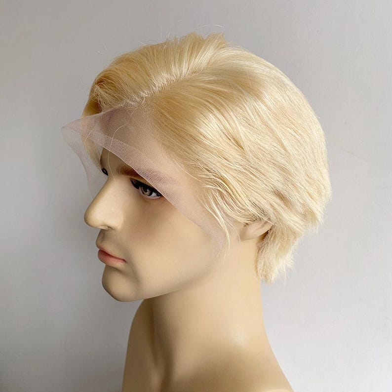 Men Blonde Human Hair Wig Lace Front Wig For Male Short Straight Real Hair Wig Cosplay Costume Natural Wig 13X6 Frontal Lace Wig Side Part